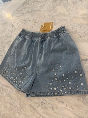 NWT Sandro rhinestone Embellished wide leg Denim Shorts with Elastic waist